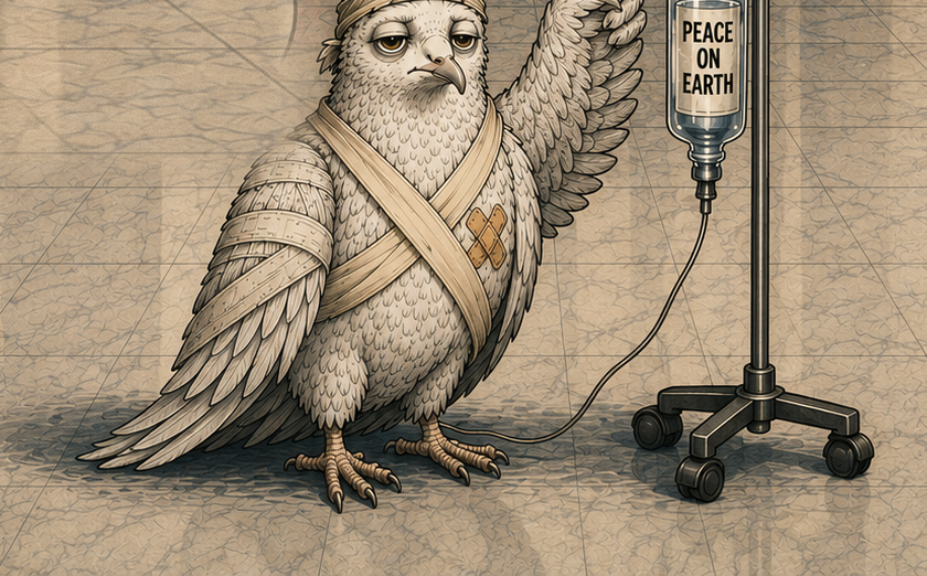 The Bandaged Dove, bandaged and pointing a wing toward its IV bag, which reads PEACE ON EARTH; the drip line runs along the floor and stays plugged into the Dove.