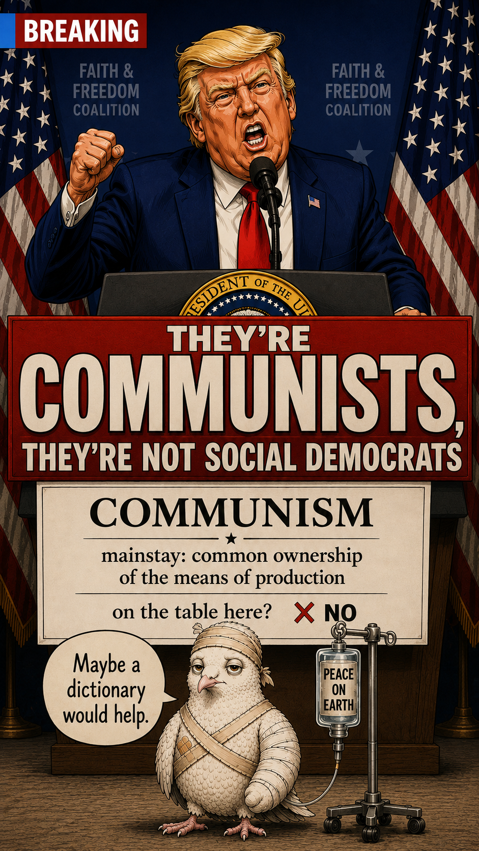 The Dove, bandaged and trailing its IV pole, stands deadpan beneath the President at a podium roaring “THEY’RE COMMUNISTS.” A dictionary card defines communism as common ownership of the means of production; a red X marks “NO.” The drip bag reads PEACE ON EARTH.