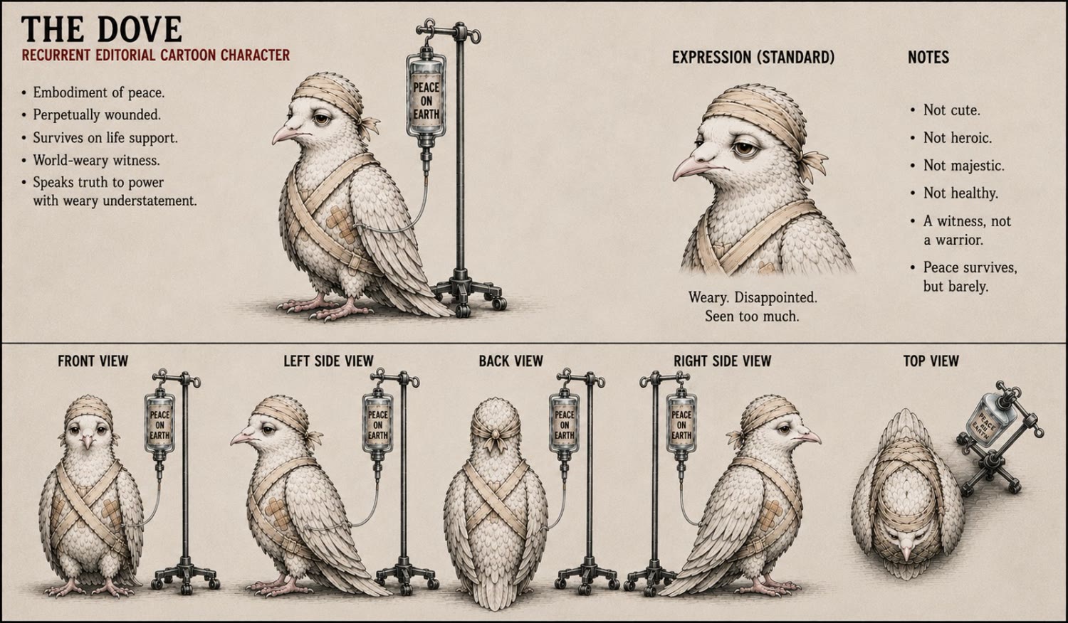 THE DOVE — character model sheet. Front, left, back, right and top views of the bandaged dove trailing its PEACE ON EARTH IV pole, plus a standard weary expression. Notes: not cute, not heroic, not majestic, not healthy; a witness, not a warrior; peace survives, but barely.